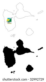 Layered editable vector illustration country map of Guadeloupe,which contains two versions, colorful country flag version and black silhouette version.