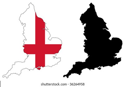 Layered editable vector illustration country map of England,which contains two versions, colorful country flag version and black silhouette version.