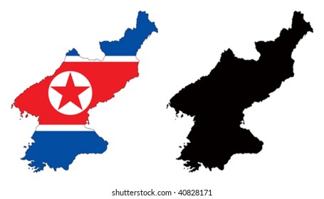 Layered editable vector illustration country map of North Korea,which contains two versions, colorful country flag version and black silhouette version.
