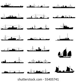 Layered editable vector illustration of different kinds of cargo ships.