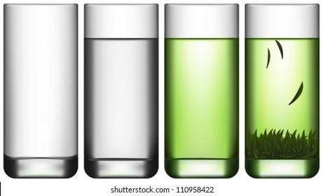 Layered editable vector illustration of Empty Glass, Glass Of Water and Glass Of Green Tea.