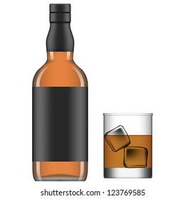 Layered editable vector illustration of isolated glass and bottle of liquor.