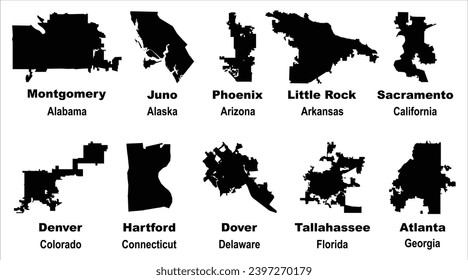 Layered editable vector illustration of map outlines of ten US state capital cities