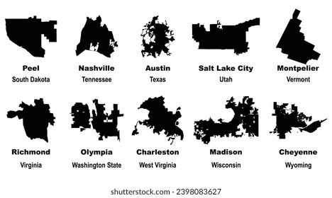 Layered editable vector illustration of map outlines of ten US state capital cities