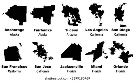 Layered editable vector illustration of map outlines of ten US cities