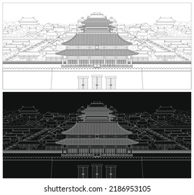 Layered editable vector illustration outline of the Forbidden City in Beijing, China.