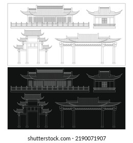 Layered editable vector illustration outline of Chinese traditional style buildings including houses, pavilions, archways.
