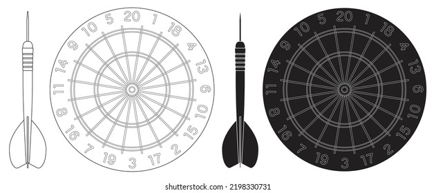 Layered editable vector illustration 
 outline of dart and dartboard.