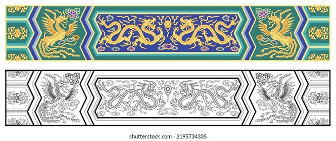 Layered editable vector illustration pattern of dragon and Phoenix,which are mainly used in ancient Chinese royal buildings.