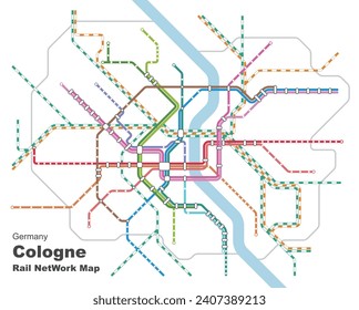 Ilustración vectorial editable por capas del Mapa de la Red Ferroviaria de Colonia (Alemania)