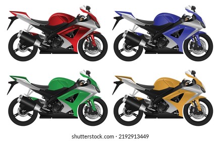 Ilustración vectorial editable por capas de un patrón de motocicleta realista en diferentes colores.