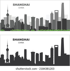 Sihouette de ilustraciones vectoriales editable por capas de Shanghái, China, cada edificio está en una capa separada