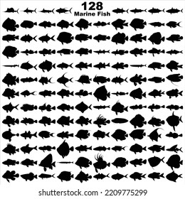 Layered editable vector illustration silhouette of 128 marine fishes.