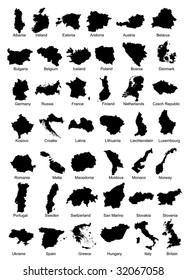 Layered editable vector illustration silhouette country map of 42 European countries.