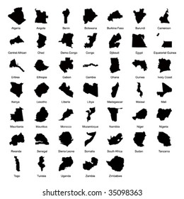 Layered editable vector illustration silhouette country map of 47 African countries.