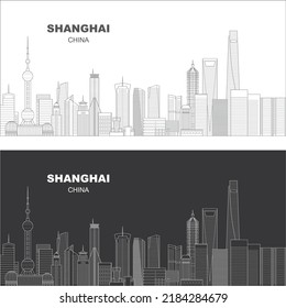 Escenario de ilustraciones vectoriales editables por capas de Shanghái, China, cada edificio está en una capa separada