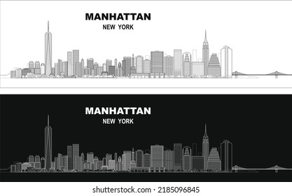 Layered editable vector illustration skyline of Manhattan, New York City, USA, each building is on a separate layer.