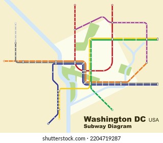 Layered editable vector illustration of the subway diagram of Washington,DC,USA.