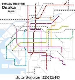 Ilustración vectorial editable por capas del diagrama del metro de Osaka, Japón.