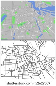 Layered editable vector streetmap of Amsterdam,The Netherlands,which contains lines and colored shapes for lands,roads,rivers and parks.