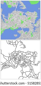 Layered editable vector streetmap of Auckland,New Zealand,which contains lines and colored shapes for lands,roads,rivers and parks.