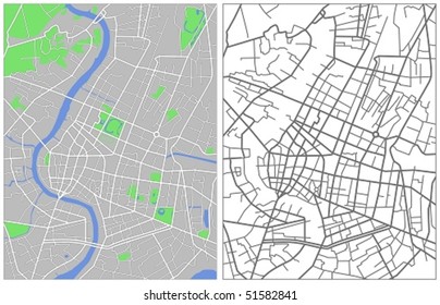 Layered editable vector streetmap of Bangkok,Thailand,which contains lines and colored shapes for lands,roads,rivers and parks. 