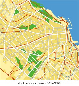 Layered editable vector streetmap of Buenos Aires,Argentina,which contains lines and colored shapes for lands,roads,rivers and parks.