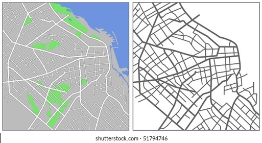 Layered editable vector streetmap of Buenos Aires,Argentina,which contains lines and colored shapes for lands,roads,rivers and parks.