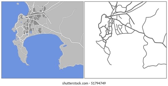 Layered editable vector streetmap of Capetown,South Africa,which contains lines and colored shapes for lands,roads,rivers and parks.
