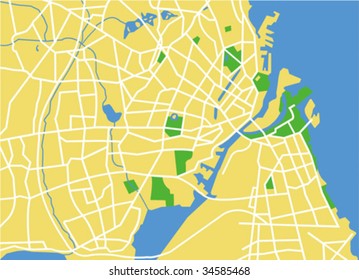 Layered editable vector streetmap of Copenhagen,Denmark,which contains lines and colored shapes for lands,roads,rivers and parks.