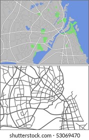 Layered editable vector streetmap of Copenhagen,Denmark,which contains lines and colored shapes for lands,roads,rivers and parks.