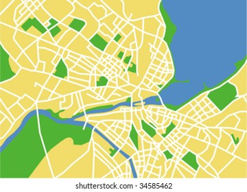 Layered editable vector streetmap of Geneva,Switzerland,which contains lines and colored shapes for lands,roads,rivers and parks.