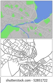 Layered editable vector streetmap of Geneva,Switzerland,which contains lines and colored shapes for lands,roads,rivers and parks.