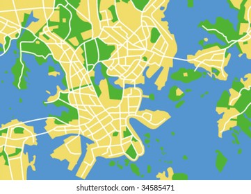 Layered editable vector streetmap of Helsinki,Finland,which contains lines and colored shapes for lands,roads,rivers and parks.