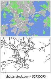 Layered editable vector streetmap of Helsinki,Finland,which contains lines and colored shapes for lands,roads,rivers and parks.