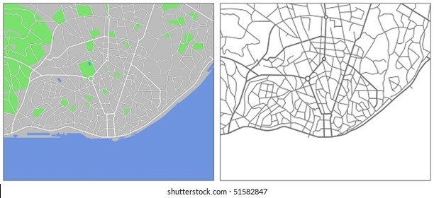 Layered editable vector streetmap of Lisbon,Portugal,which contains lines and colored shapes for lands,roads,rivers and parks.