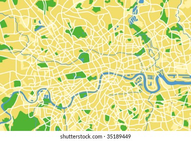 Layered editable vector streetmap of London,Britain,which contains lines and colored shapes for lands,roads,rivers and parks.