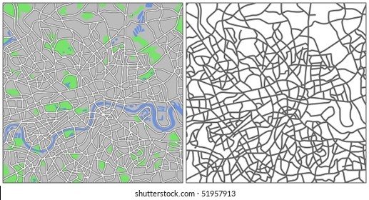 Layered editable vector streetmap of London,Britain,which contains lines and colored shapes for lands,roads,rivers and parks.