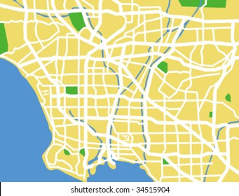 Layered editable vector streetmap of Los Angeles,America,which contains lines and colored shapes for lands,roads,rivers and parks.