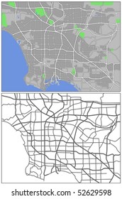 Layered editable vector streetmap of Los Angeles,America,which contains lines and colored shapes for lands,roads,rivers and parks.