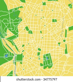 Layered editable vector streetmap of Madrid, Spain,which contains lines and colored shapes for lands,roads,rivers and parks.