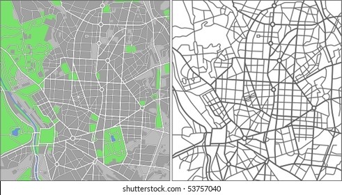 Layered editable vector streetmap of Madrid, Spain,which contains lines and colored shapes for lands,roads,rivers and parks.