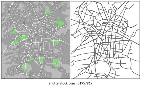 Layered editable vector streetmap of Mexico City,Mexico,which contains lines and colored shapes for lands,roads and parks.