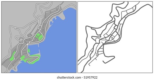 Layered editable vector streetmap of Monaco,which contains lines and colored shapes for lands,roads and parks.