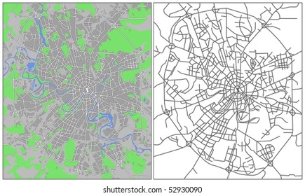 Layered editable vector streetmap of Moscow,Russia,which contains lines and colored shapes for lands,roads,rivers and parks.