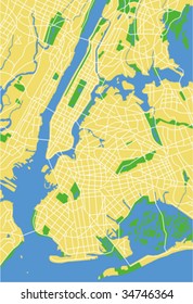 Layered editable vector streetmap of New York,American,which contains lines and colored shapes for lands,roads,rivers and parks.