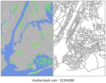 Layered editable vector streetmap of New York,America,which contains lines and colored shapes for lands,roads,rivers and parks.