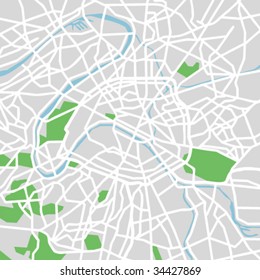 Layered editable vector streetmap of Paris,France,which contains lines and colored shapes for lands,roads,rivers and parks.