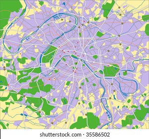 Layered editable vector streetmap of Paris,France,which contains lines and colored shapes for lands,roads,rivers and parks.