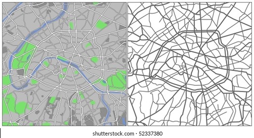 Layered editable vector streetmap of Paris,France,which contains lines and colored shapes for lands,roads,rivers and parks.